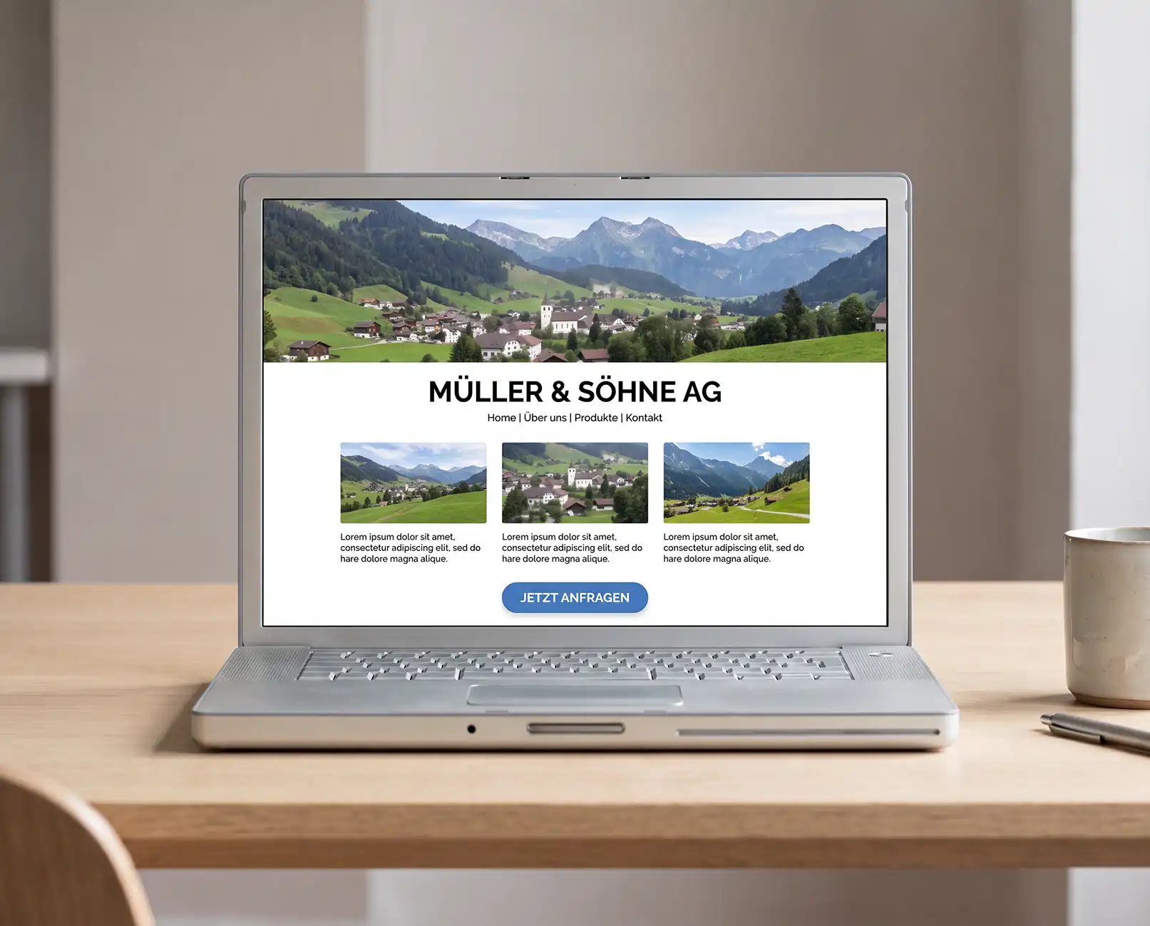 In seguito: lo stesso sito web con un design moderno, un'ampia immagine di copertina, tre schede illustrate e un pulsante.